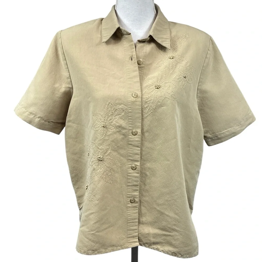 Vintage Alfred Dunner Linen Blend Embroidered Floral Beaded Button Down Size 10P